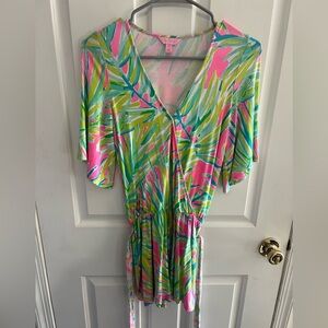 Lilly Pulitzer Madilyn Romper in Tiki Pink Royal Lime print. XXS